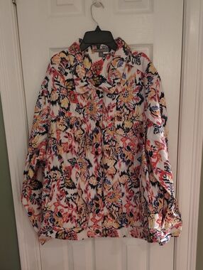 Jessica London Floral Jean Jacket - White, Yellow, Blue, Red